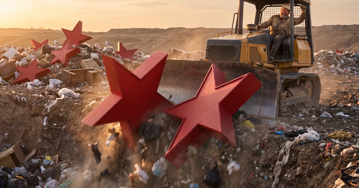 A delighted bulldozer operator shoves giant red review stars over the edge of a landfill embankment.