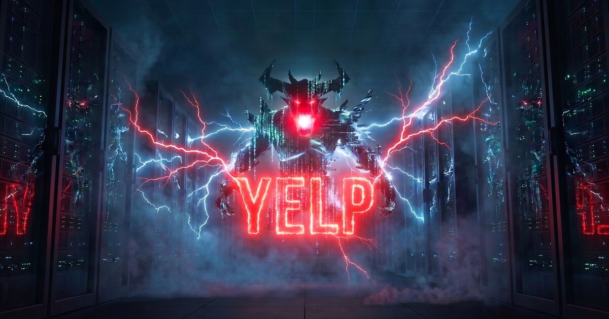 A horned demon of glowing code towering between server racks in a dark data center, red and blue lightning arcing across the aisle, the word YELP burning in red neon before it.