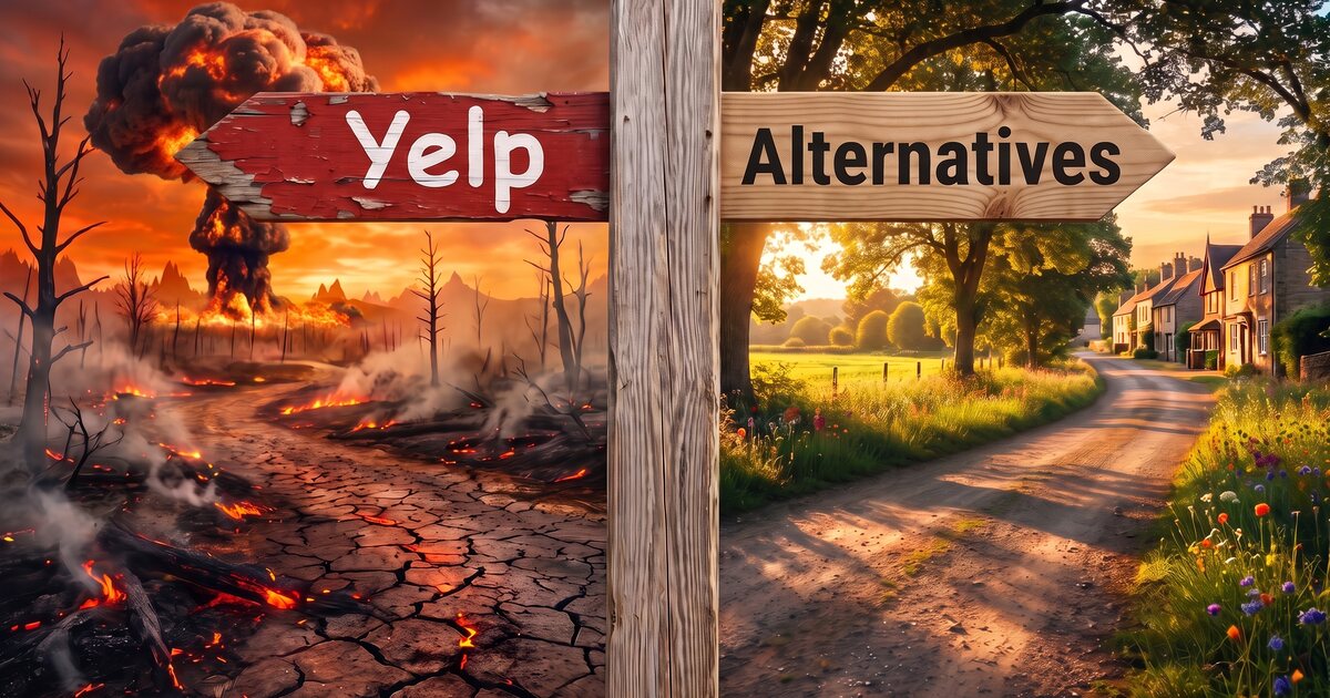 A signpost splits the image in two: a weathered Yelp sign points into a burning wasteland; an Alternatives sign points toward a sunlit town.