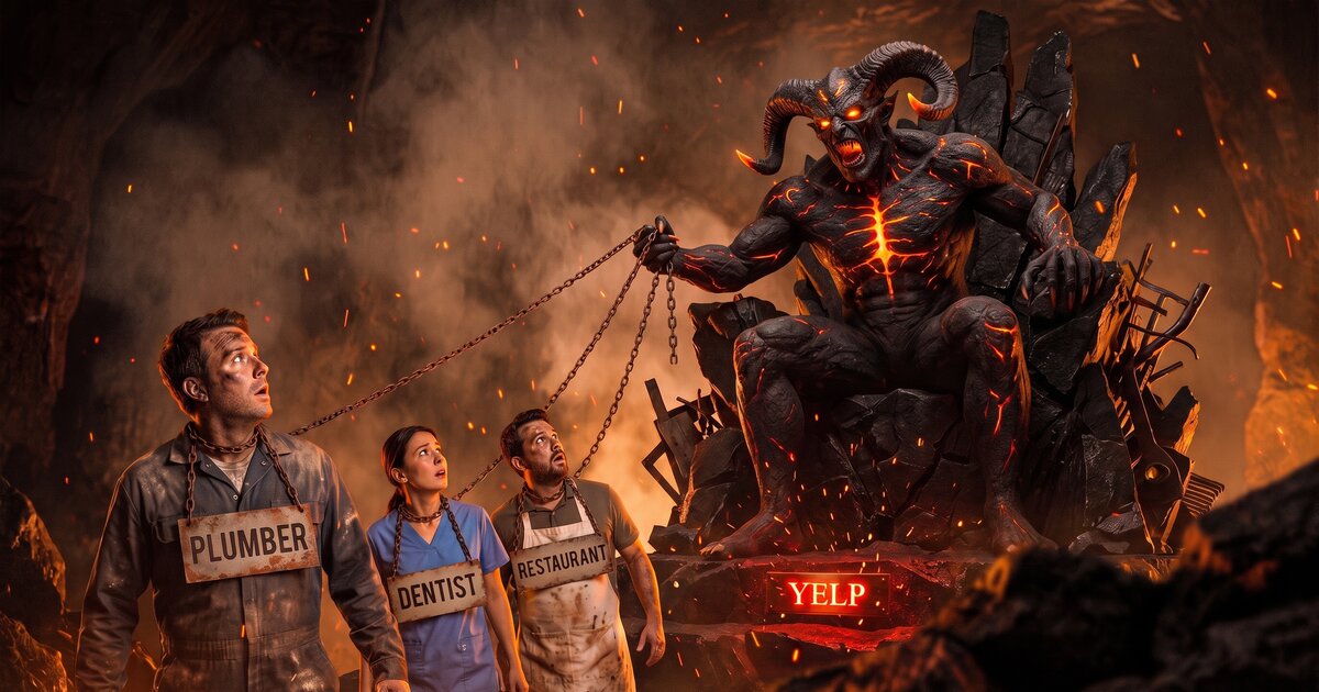 A horned demon on a throne of black rock grips iron chains around the necks of three small-business owners in a fiery hellscape. Each wears a sign — Plumber, Dentist, Restaurant. A plaque on the throne reads Yelp.