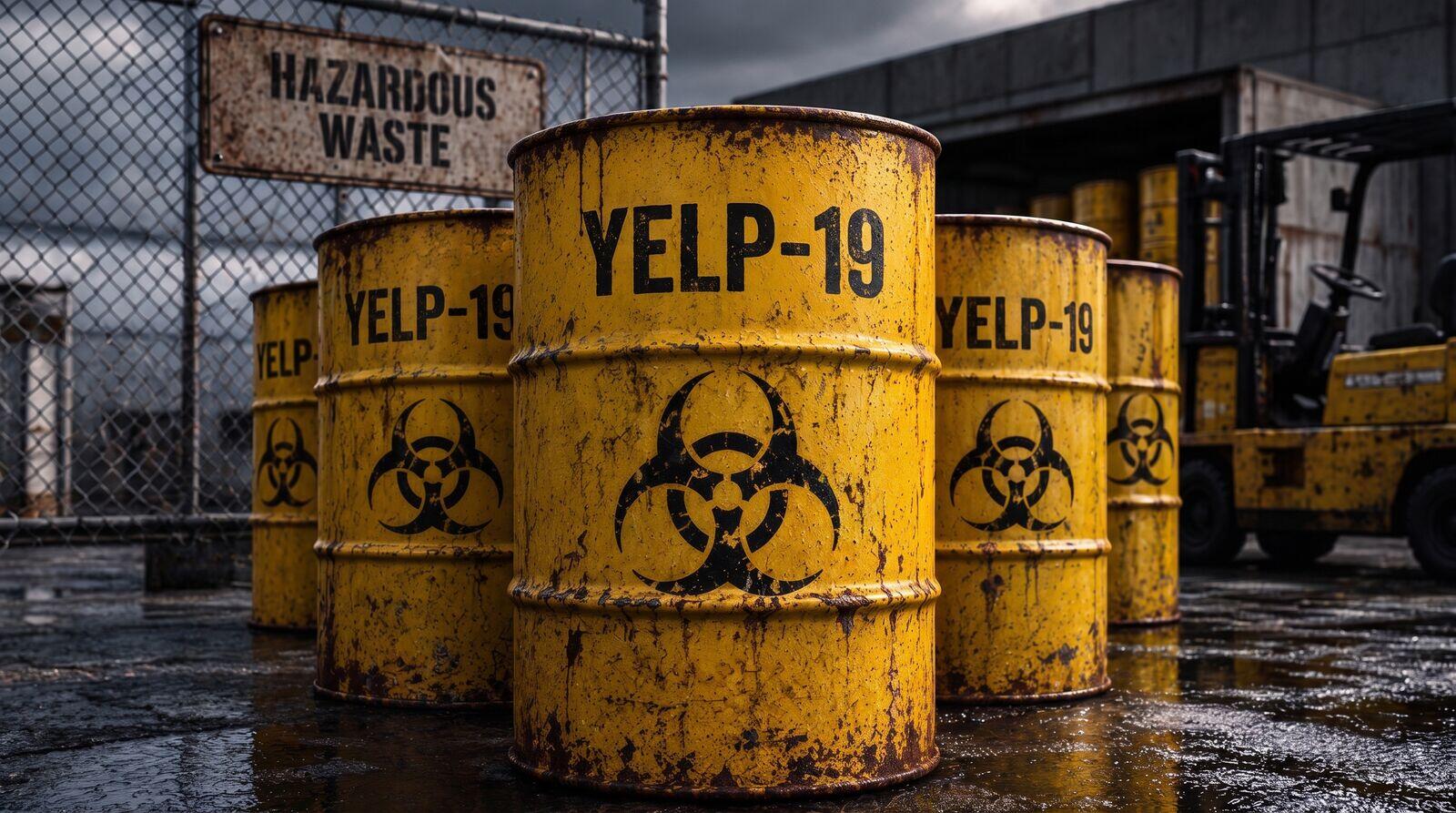 Rusted yellow 55-gallon drums stenciled YELP-19 with biohazard symbols in a fenced hazardous-waste yard, a HAZARDOUS WASTE sign hanging on the fence
