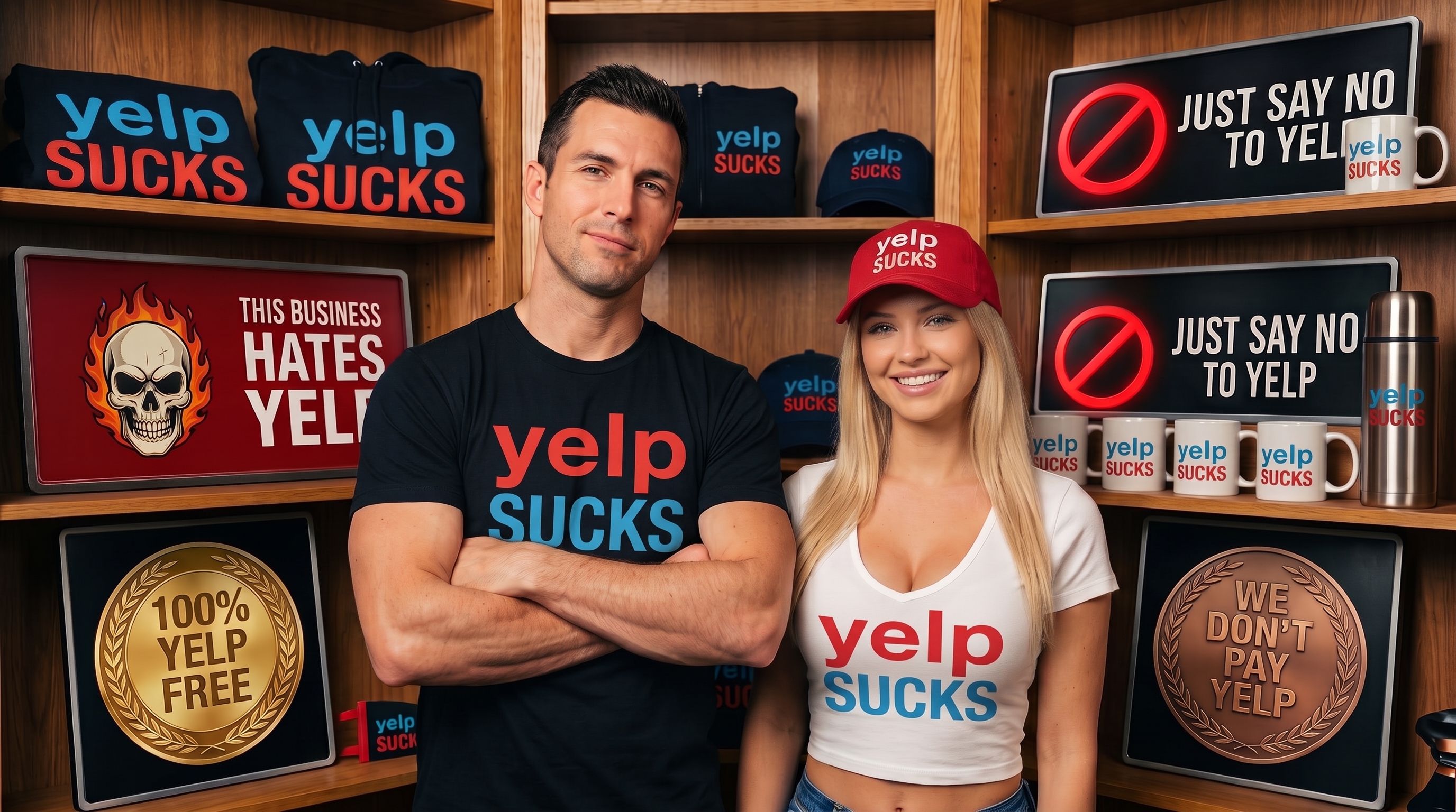 Collector's den full of Yelp Sucks merchandise