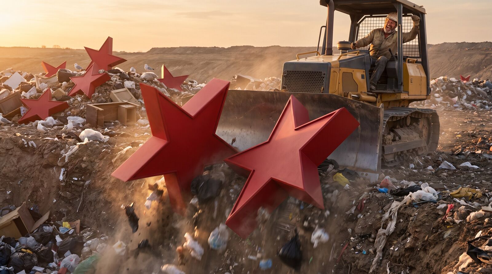 A delighted bulldozer operator shoves giant red review stars over the edge of a landfill embankment
