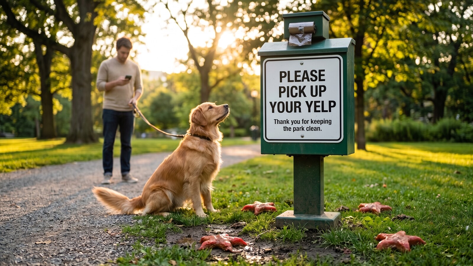 A golden retriever sits beside a green park dog-waste station whose sign reads Please pick up your Yelp, with red star-shaped droppings on the grass and an owner on a phone in the background