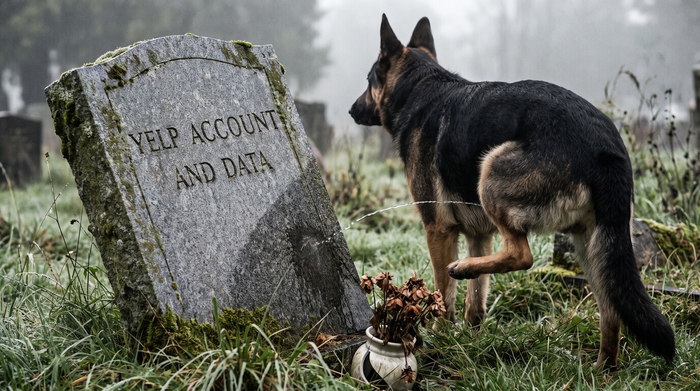A German shepherd urinates on a weathered granite headstone in an overgrown cemetery reading Yelp Account and Data