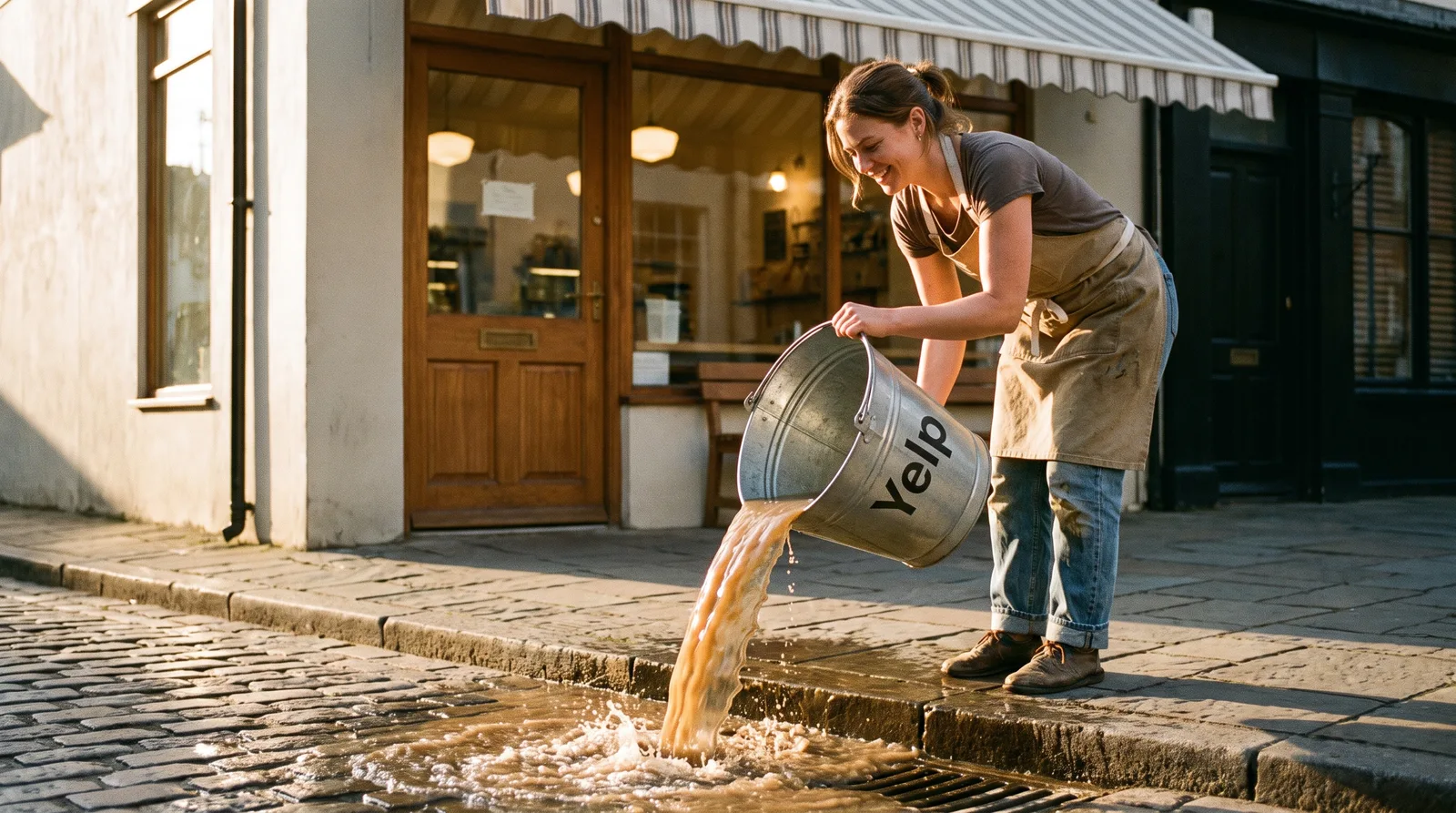 A smiling business owner outside her shop pours a metal bucket labeled Yelp into a street gutter, the dirty water washing down the drain.
