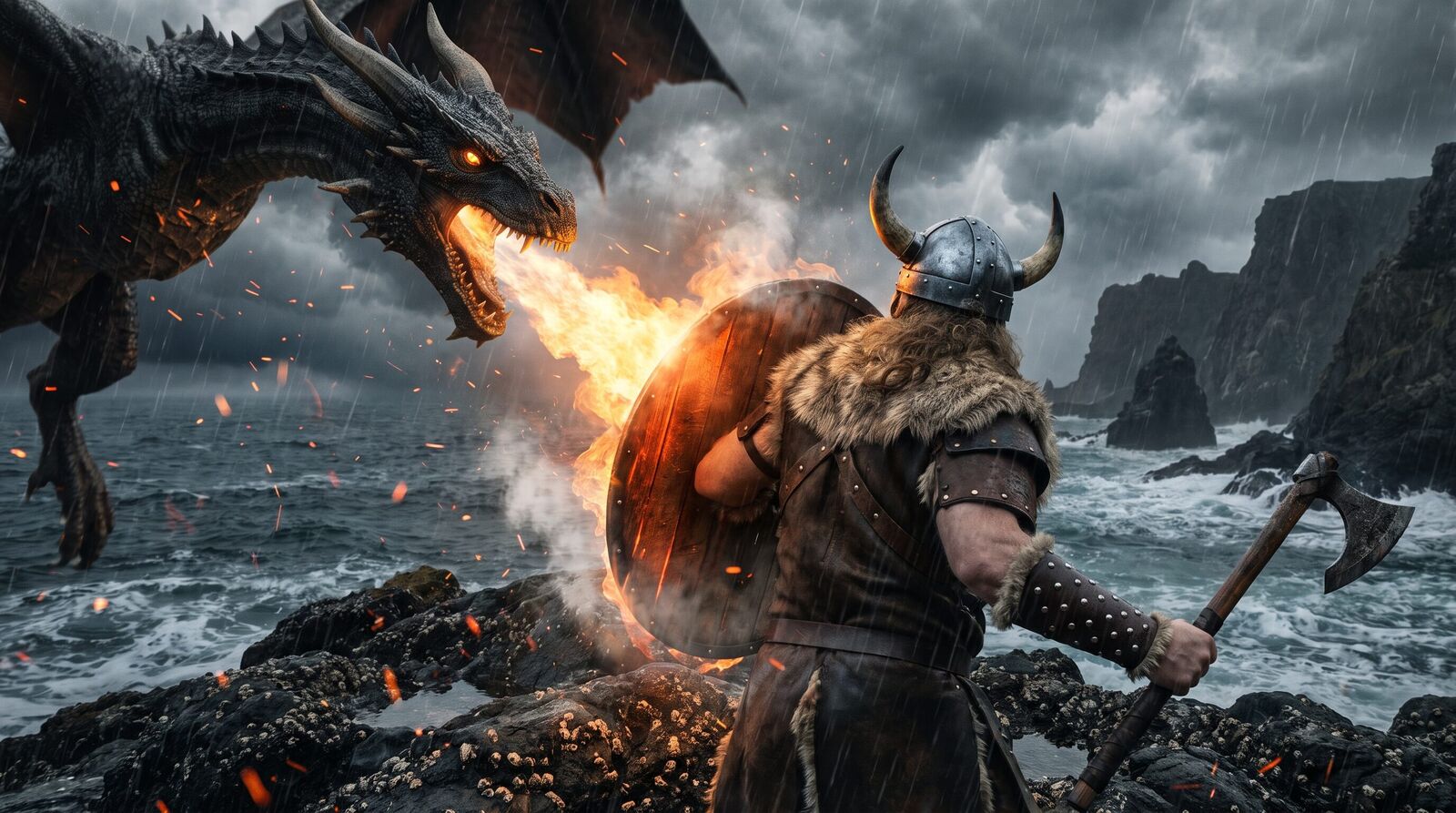 A Viking warrior raising his round wooden shield against a torrent of dragon fire, axe drawn back, on a stormy sea coast