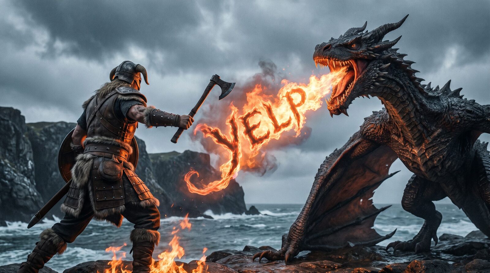 A Viking warrior with axe raised facing a massive dragon breathing fire that forms the word YELP against a stormy sea sky