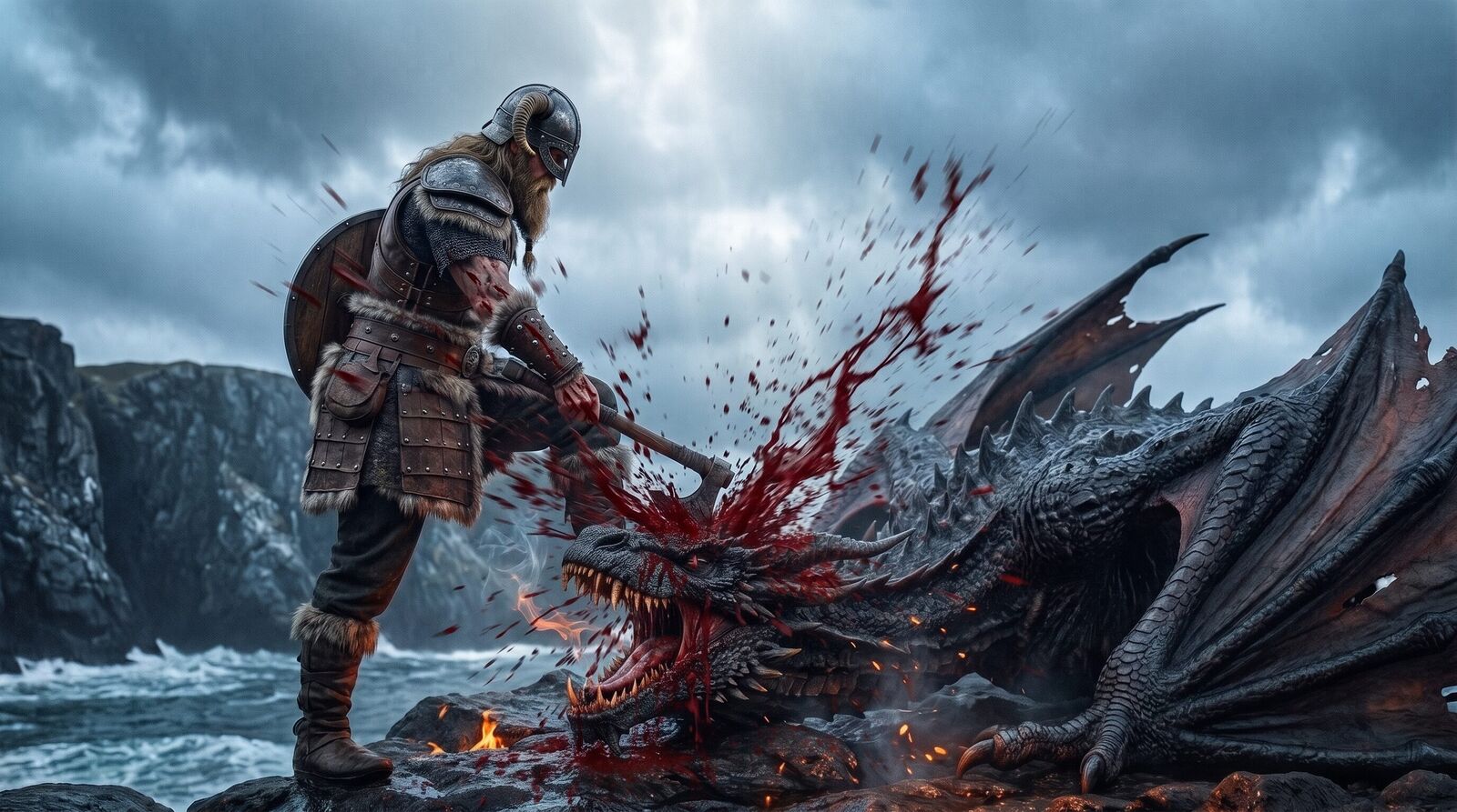 A Viking warrior driving his axe into the head of a slain dragon, blood spraying, on a stormy rocky coast