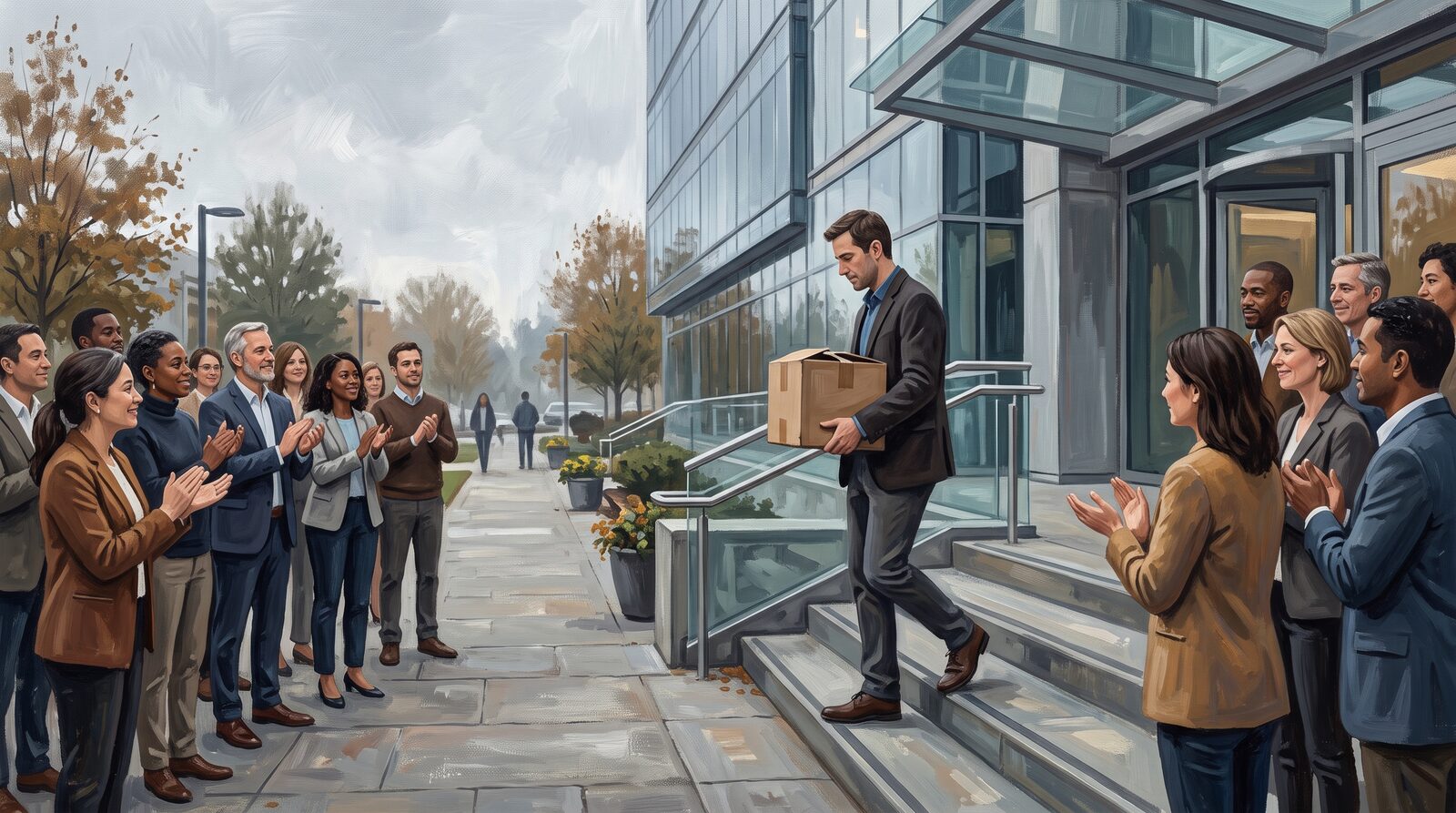 An employee carries a box out of a glass office building while a crowd of small-business owners applauds.