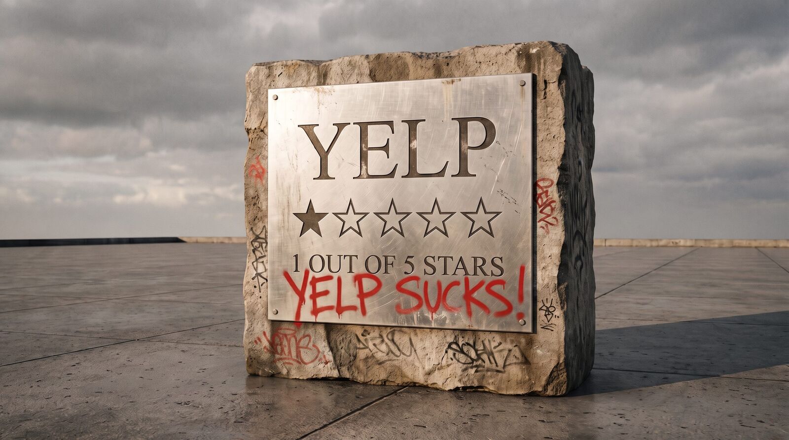 A weathered stone monument with a brushed-metal dedication plaque engraved YELP and a row of five stars, only the first filled, reading 1 out of 5 stars, defaced with red spray paint reading Yelp Sucks