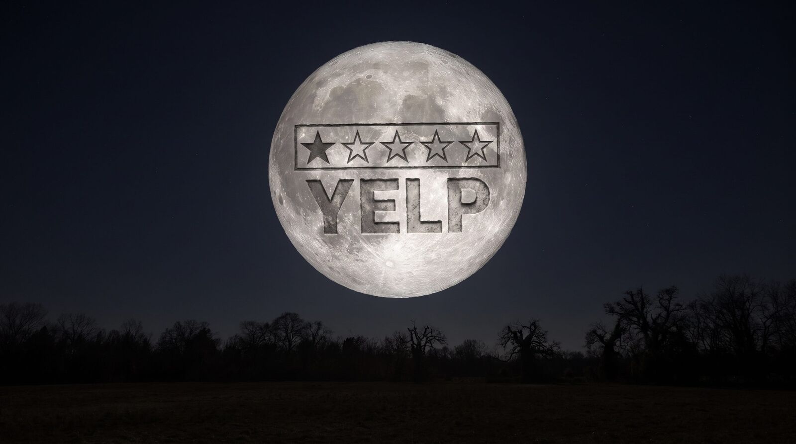 The full moon over a dark field, its face carved with a row of five stars, only the first filled, and the word Yelp