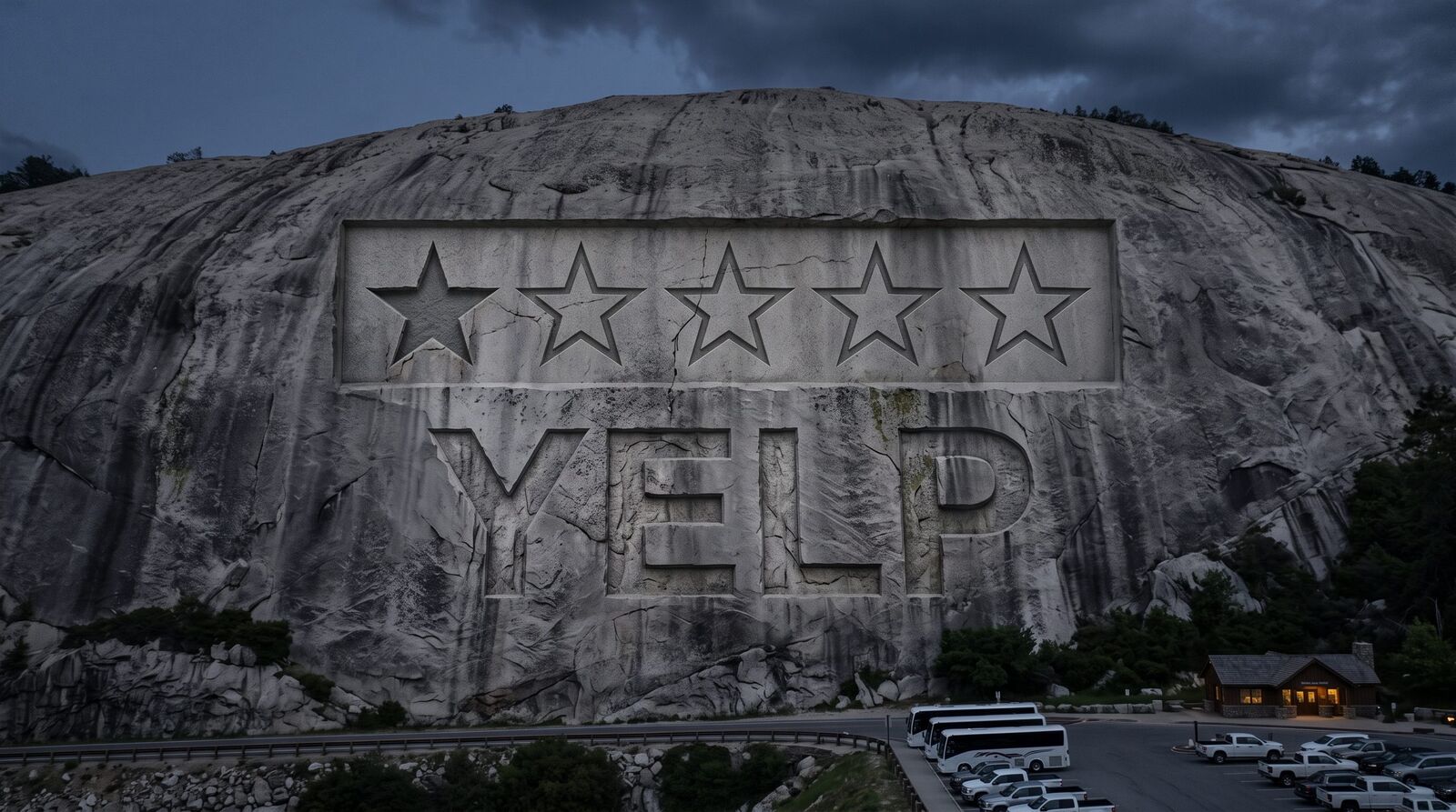 A granite mountainside carved with a giant row of five stars, only the first filled, above monumental letters spelling Yelp