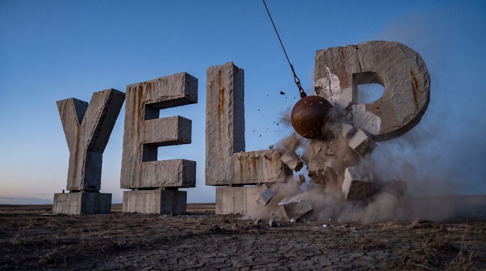 A giant granite monument spelling Yelp in a bare field, the last letter shattered by a wrecking ball mid-swing