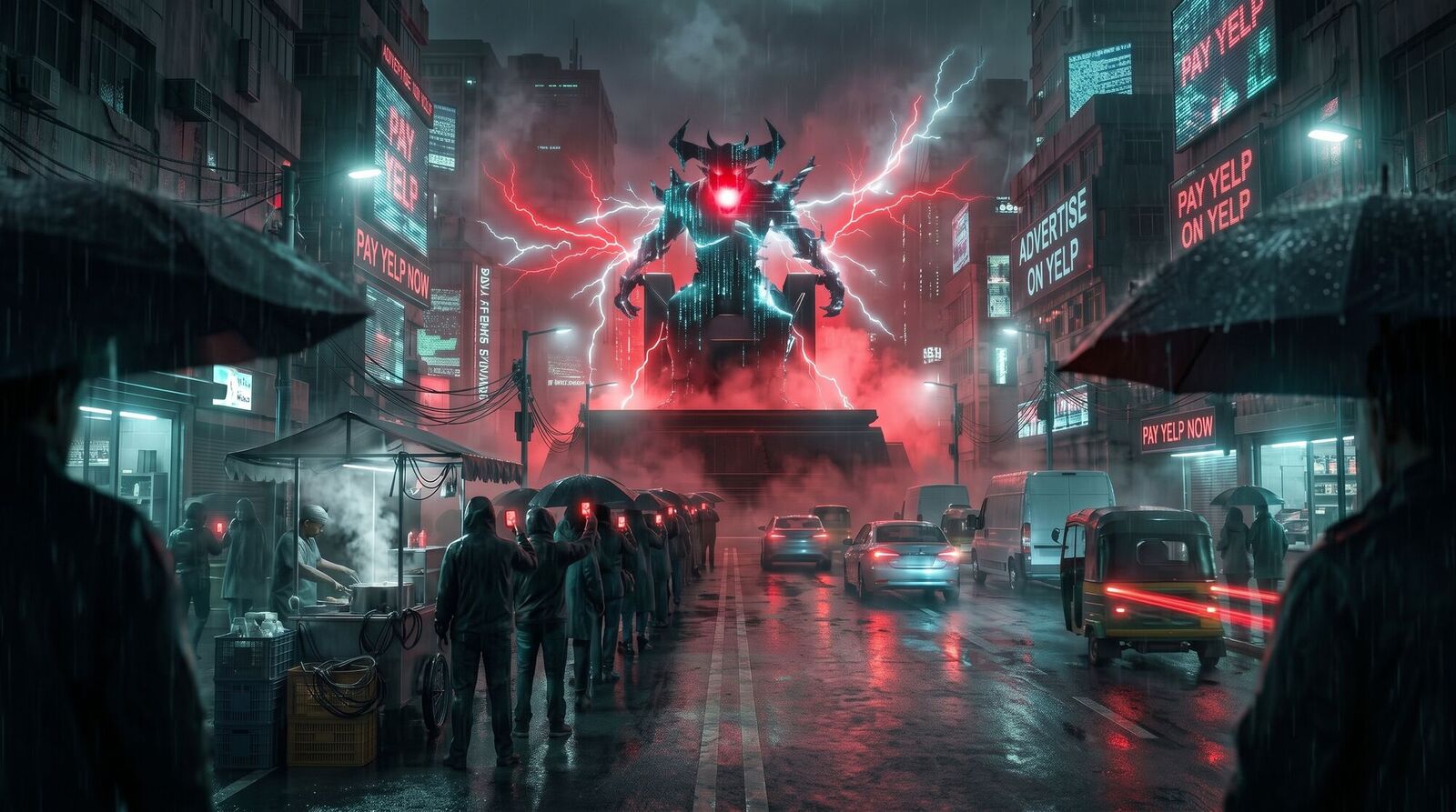 A giant horned demon enthroned above a rain-soaked city street, red lightning cracking around it, while a crowd below holds up glowing red phones toward it beneath PAY YELP NOW signs.