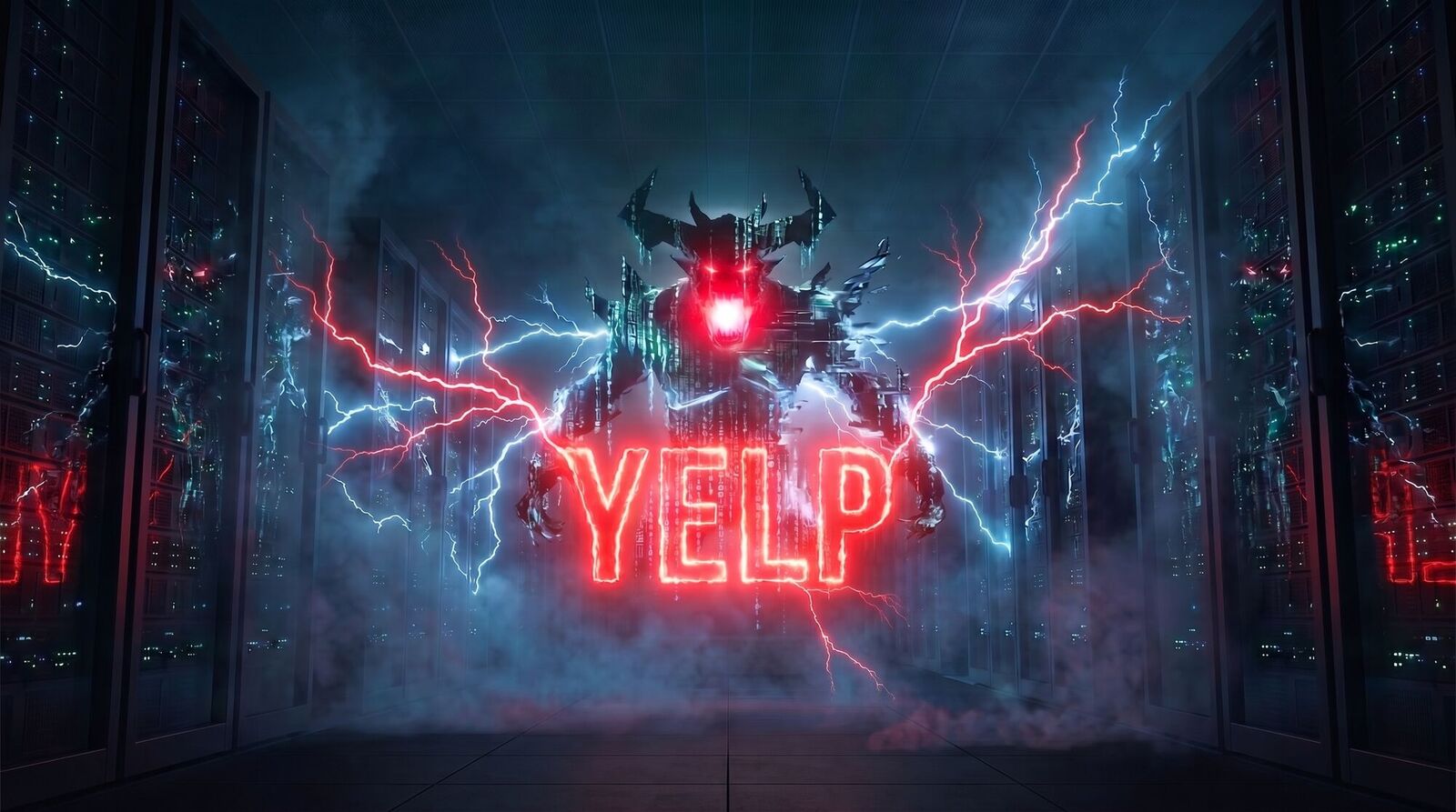 A horned demon of glowing code towering between server racks in a dark data center, red and blue lightning arcing across the aisle, the word YELP burning in red neon before it.
