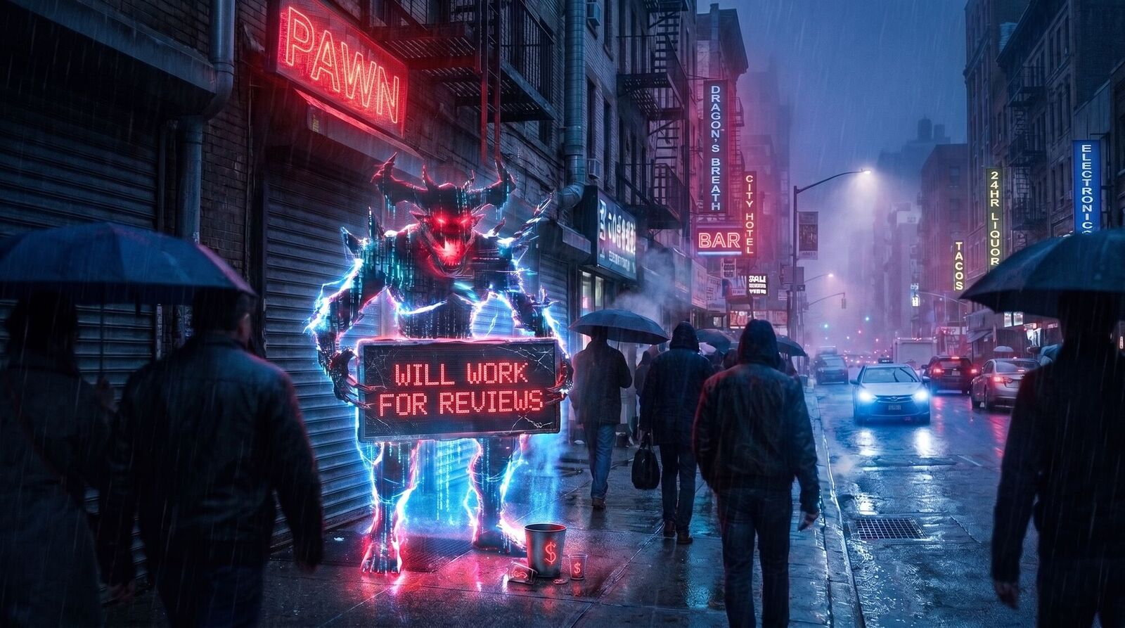 A horned demon panhandling on a rainy night street, holding a cracked LED sign reading WILL WORK FOR REVIEWS, a cup of glowing dollar chits at its feet while pedestrians with umbrellas walk past.