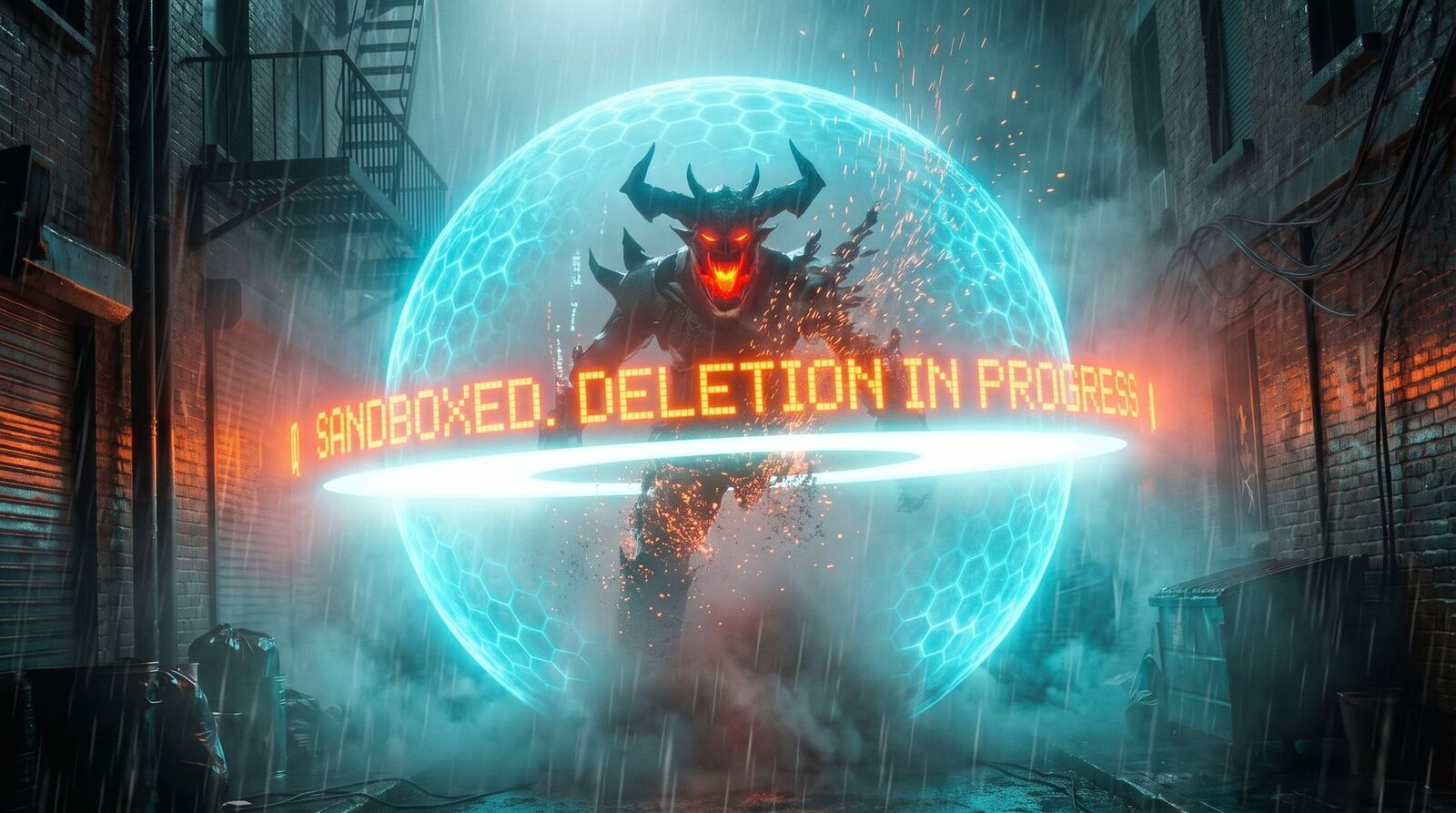 A horned demon being deleted inside a glowing cyan holographic containment sphere in a dark foggy alley, its lower half erased into a plume of rising embers below an orange dot-matrix sign reading SANDBOXED. DELETION IN PROGRESS.