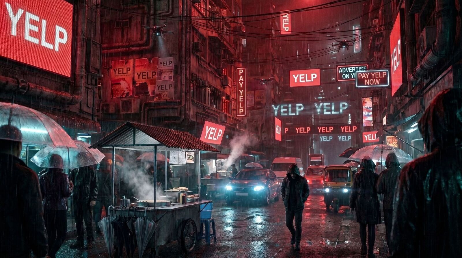 A rain-soaked night street saturated with Yelp signage: billboards, neon PAY YELP NOW and ADVERTISE ON YELP signs, Yelp posters pasted on walls, drones overhead, pedestrians with umbrellas passing a steaming food cart.
