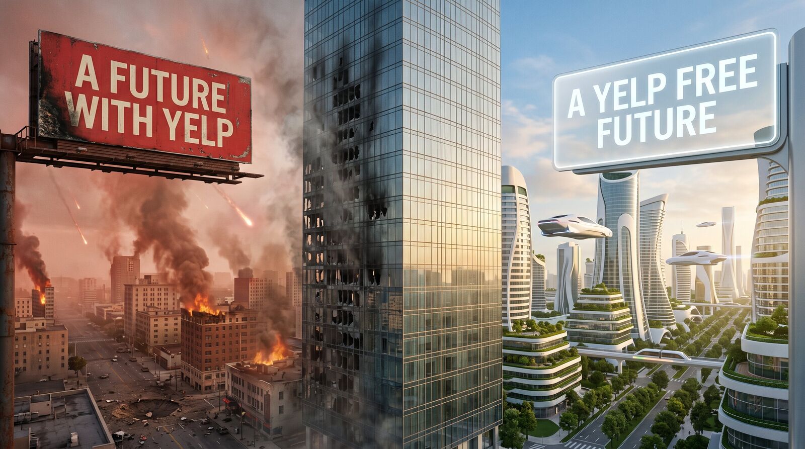 Photograph of a city split in two: on the left, a burning metropolis under falling meteors with a giant weathered red billboard reading A Future With Yelp; on the right, a clean futuristic city with flying cars, green towers, and a glowing sign reading A Yelp Free Future; the two worlds divided by a single skyscraper, scorched on one side and pristine on the other