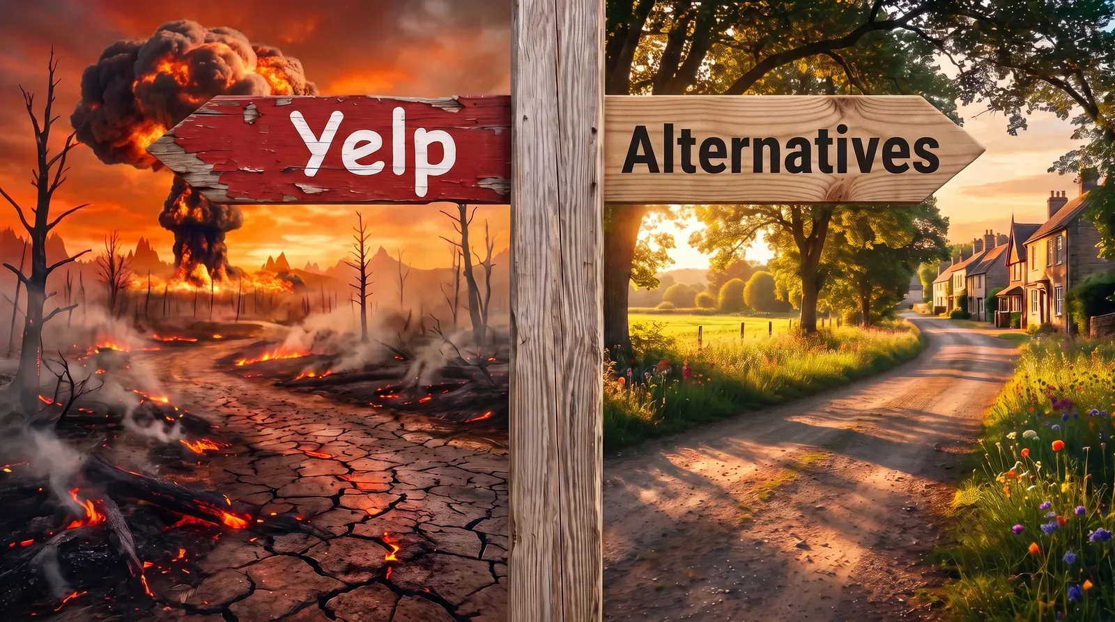 Photograph of a wooden signpost splitting the image in two: a weathered red arrow sign reading Yelp points into a scorched, burning wasteland, while a fresh wooden arrow sign reading Alternatives points toward a sunlit green lane leading to a welcoming town.