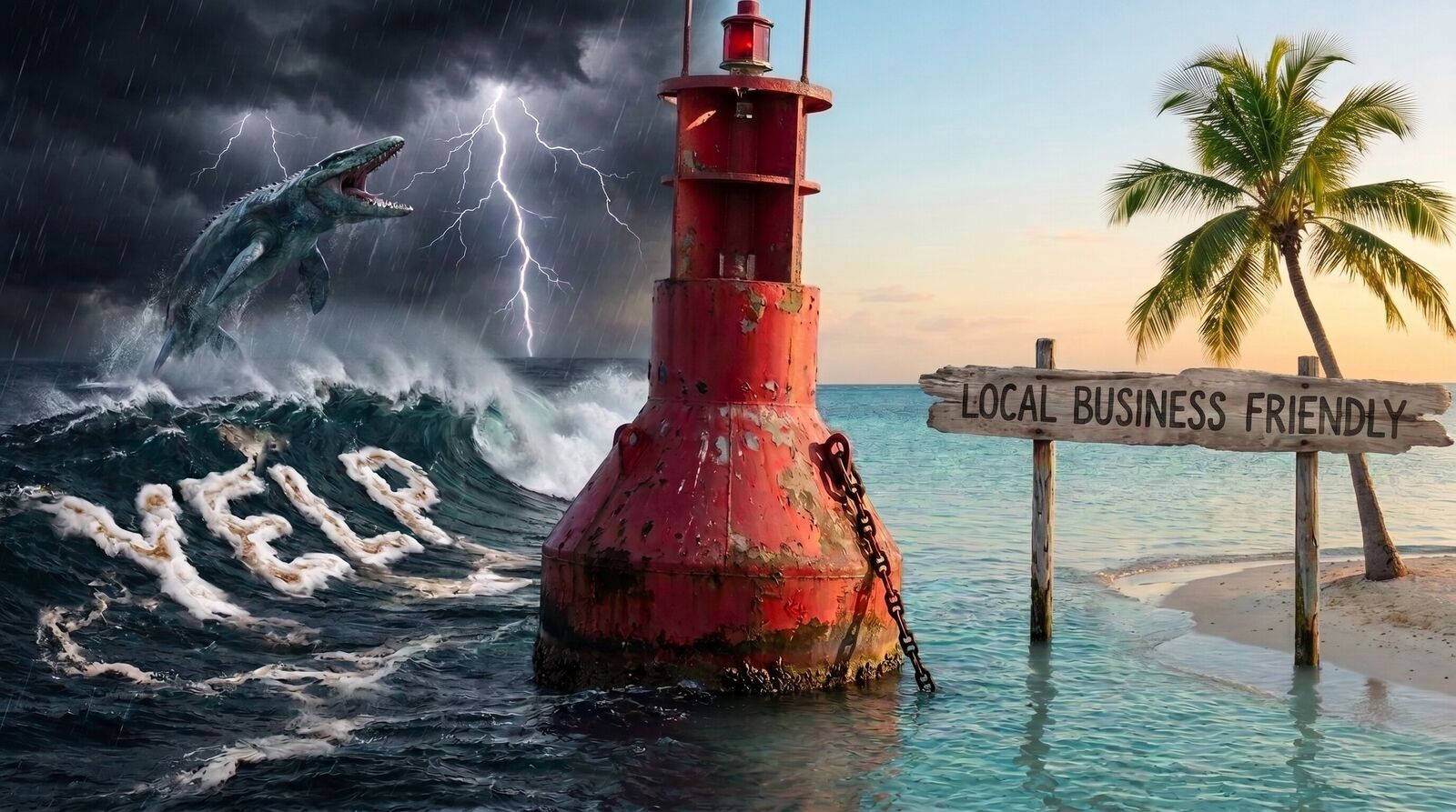 Photograph of a giant red channel buoy dividing two seas: on the left, a stormy ocean where a colossal Mosasaurus leaps from crashing waves under lightning, with the word Yelp spelled in white sea foam on the wave; on the right, a calm turquoise lagoon with a driftwood sign reading Local Business Friendly