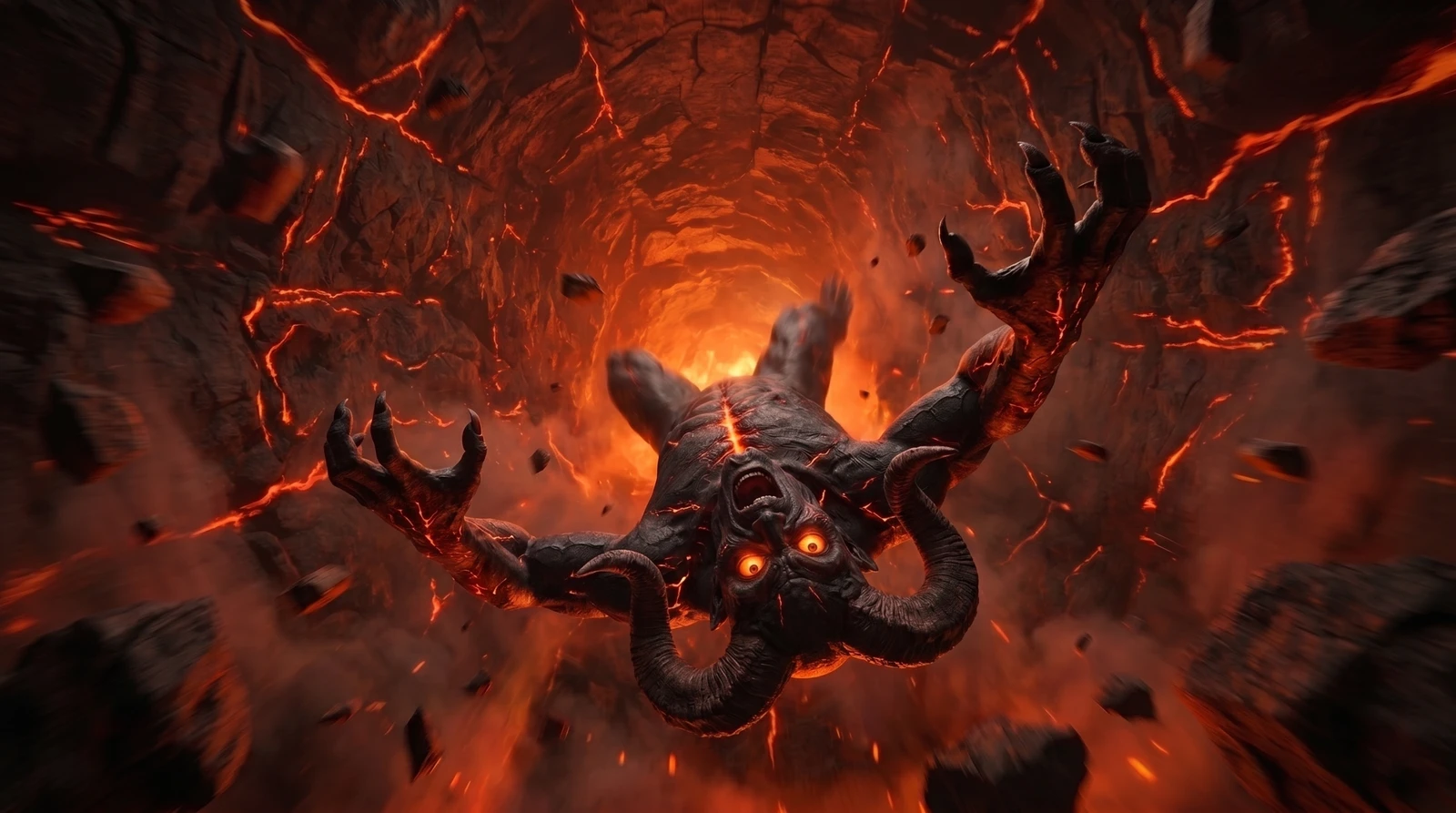 A horned demon with cracked charcoal-black skin and burning orange eyes plummets down a colossal volcanic shaft, screaming, arms outstretched, as lava-laced rock walls streak past him toward the glowing furnace of hell below.