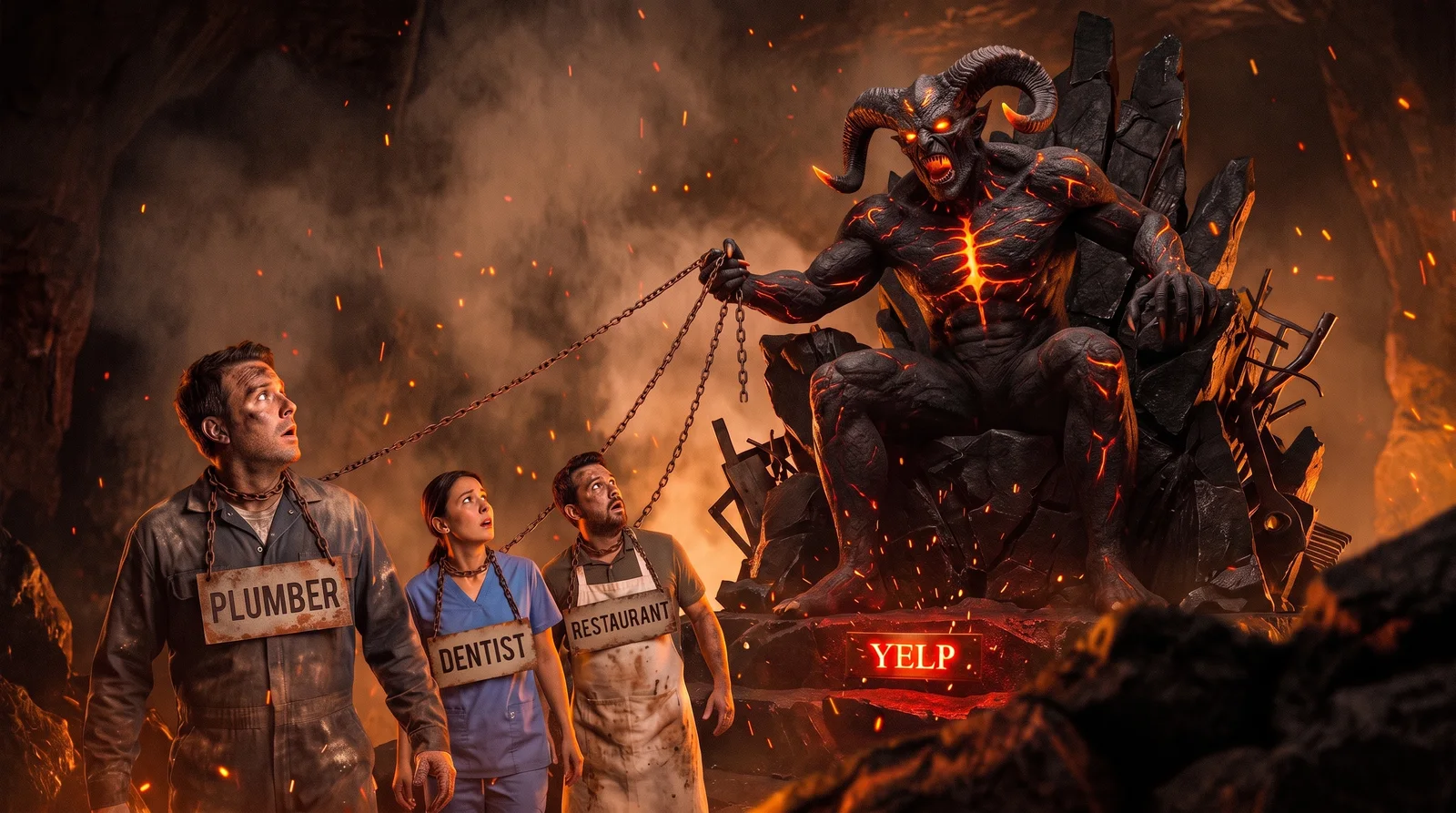 A horned demon on a throne of black rock grips iron chains around the necks of three horrified small-business owners — a plumber, a dentist, a restaurant owner — each wearing a shop sign around their neck reading Plumber, Dentist and Restaurant. A plaque on the throne base reads Yelp.
