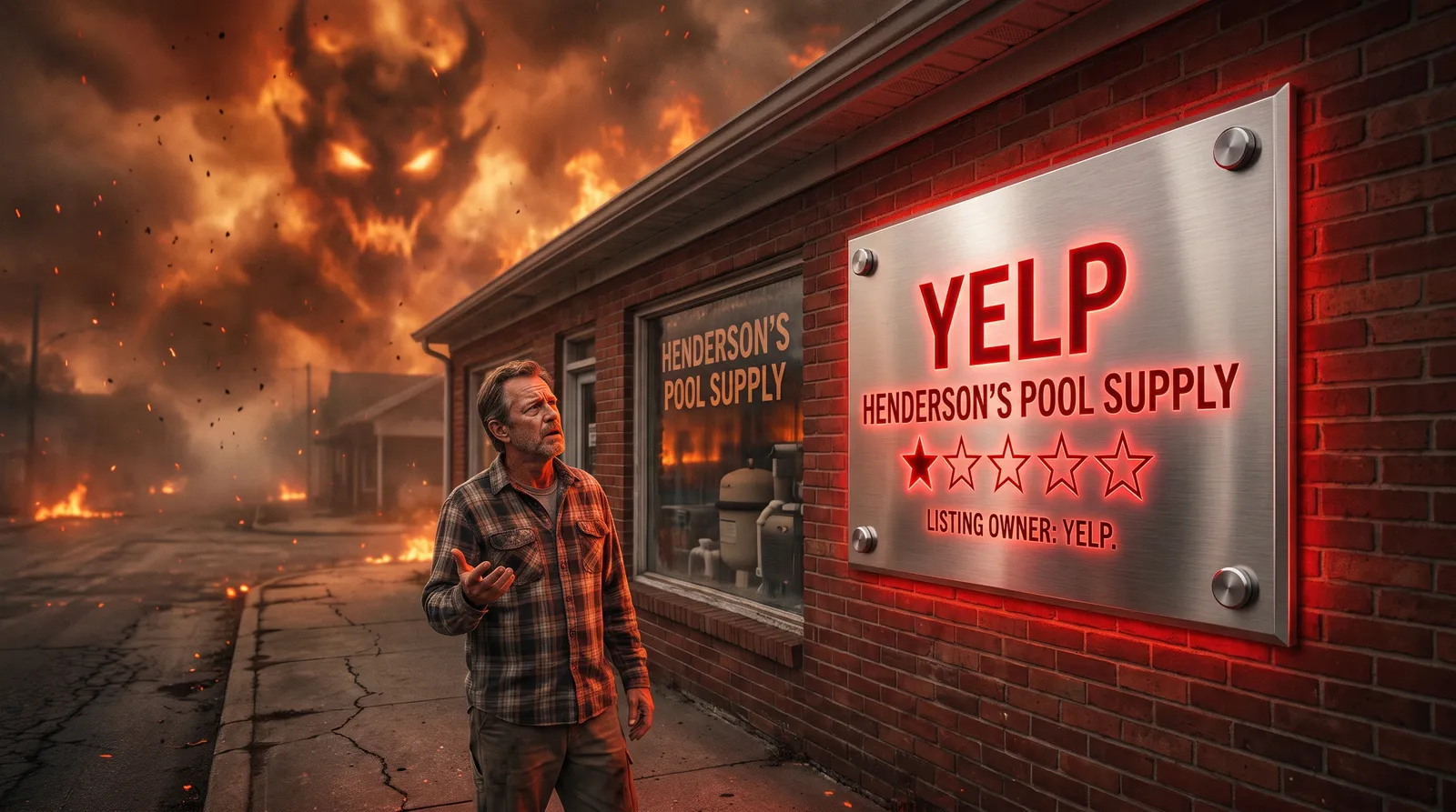 A stunned pool-supply business owner in a plaid shirt stares up at a pristine metal plaque bolted beside his shop window, its text glowing bright red: Yelp, Henderson’s Pool Supply, one filled star of five, Listing Owner: Yelp, while smoke and fire fill the sky behind the storefront.